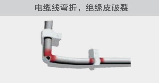 在安裝過程中，由于電線的彎曲半徑過小，或是線夾過緊，導致線纜絕緣皮破裂，產(chǎn)生電弧隱患